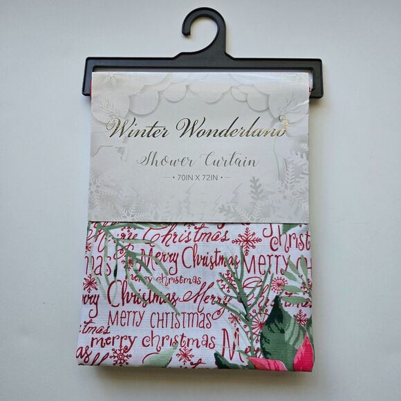 Merry Christmas Shower Curtain 70 x 72 Poinsettias Winter Wonderland - Picture 6 of 6